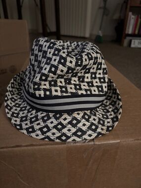 Black and White Woven Fedora Hat with Striped Band